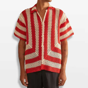 Polo tricoté pour hommes à manches longues 100% coton pull à col cubain pulls à col rond pour hommes pull à manches longues respirant - Product Image 1