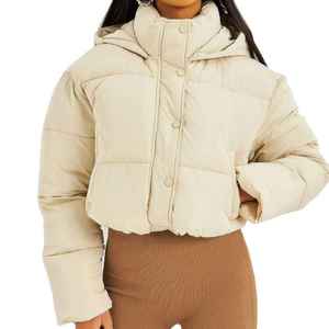 Custom Design Navy OEM Women's Puffer <b>Cropped</b> Hooded <b>Jacket</b> Full Drawstring Zip And Bubble <b>Jacket</b> Women's Winter Down <b>Jacket</b> - Product Image 1