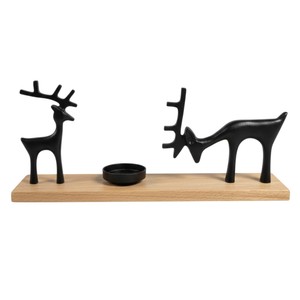 Juego de 2 Portavelas de Reno de Hierro Negro Mate de la Mejor Calidad, Figura Moderna de Animal Ciervo Navideño con Base de Madera - Product Image 1