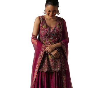 Conjunto Palazzo de seda rosa con trabajo de espejo, venta al por mayor de Ropa Étnica para mujer, proveedor de fábrica de ropa OEM, traje de fiesta de boda personalizado - Product Image 3