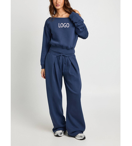 Conjunto Deportivo Moderno para Mujer 2026, Hombros Descubiertos, Transpirable, Pantalón Holgado de Alta Calidad con Cierre de Cordón, Color Azul Sólido, 2 Piezas - Product Image 1