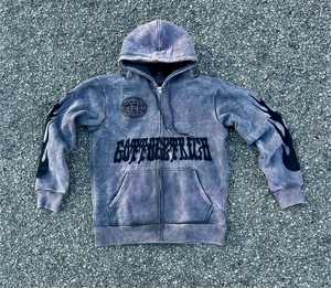 Sweat-shirt à capuche avec fermeture éclair pour hommes, lavé à l'acide, avec strass brodé d'appliques, de mode de haute qualité, OEM et ODM, vente en gros - Product Image 1