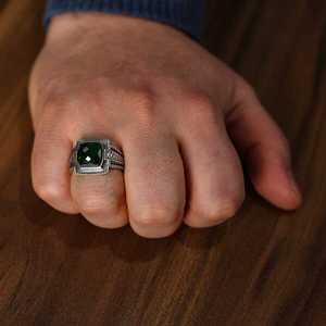 Men's 925 Sterling <b>Silver</b> <b>Ring</b> with Four-Pointed <b>Emerald</b> Cut Synthetic Stone-Everyday Wear GRS Certified Turkey Made - Product Image 1