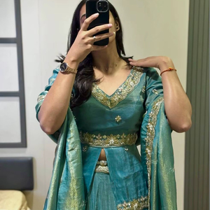 Set Salwar Sutra Chinon Hijau Teal Bordir, Laris Manis, Bahan Stretchable Anti Kusut untuk Wanita, Pakaian Pesta, Etnik, dan Pengantin - Product Image 1