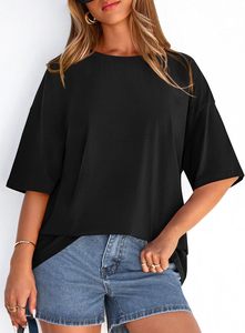 Camiseta de Moda para Mujer, Corte Holgado, Cuello Redondo, Manga Corta, Informal, 100% Algodón, Color Sólido, Verano - Product Image 2