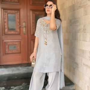 Look de fête Beau haut en crêpe naturel pur & Palazzo Farshi avec ensemble Dupatta - Product Image 1