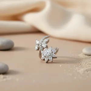 Women's 925 Silver Diamond Flower Cocktail <b>Ring</b> Marquise Cut Pave Setting Romantic <b>Wedding</b> Jewelry - Product Image 1