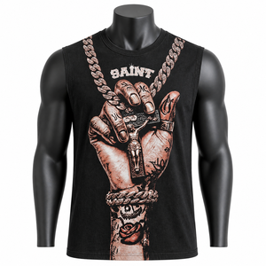 Camiseta sin mangas negra personalizada al por mayor para hombre, estilo urbano, con estampado de cadena - Product Image 1