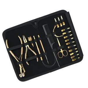 Gold <b>Hair</b> <b>Extension</b> <b>Tools</b> Kit with 3-Hole Crimping Plier Non-Slip Tape-In Pressing Plier Pulling Loop Hook Bride Parting Ring - Product Image 1