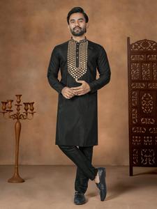 Dhwaja Export - Ensemble Kurta Pajama Traditionnel en Soie Pure Noire Premium, Sans Plis, avec Ensemble Assorti Père et Fils - Product Image 6