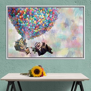 Impresión artística en lienzo de globo aerostático colorido inspirado en la película Up, lienzo con marco blanco - Product Image 1