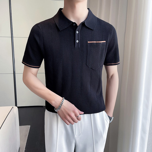 Polo ajustado de lujo de gama alta para hombre, camiseta informal de verano con bolsillo de solapa de punto, camiseta transpirable de manga corta, tela cómoda de Golf - Product Image 3