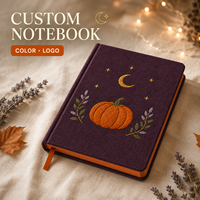 Carnet personnalisé LABON Automne Citrouille, Couverture Rigide Violette, Broderie Citrouille Orange, Lune Dorée, Étoiles, Brindilles Floraux, Pages Lignées