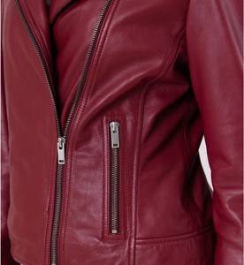 Blouson aviateur en cuir d'agneau véritable bordeaux pour femme, fermeture éclair asymétrique, doublure en coton respirant, vêtements d'extérieur tendance pour l'hiver - Product Image 5