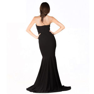 Vestido de satén negro elegante y sencillo estilo sirena, corte imperio, con pedrería de cristal, borlas y malla frontal estampada, tejido para fiestas. - Product Image 3