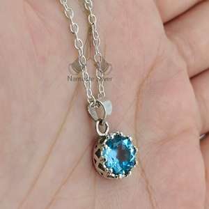 Handmade Dainty Blue Topaz Pendant Chain Necklace 925 Sterling <b>Silver</b> Gemstone <b>Locket</b> Birthday Anniversary Gift for Her - Product Image 1
