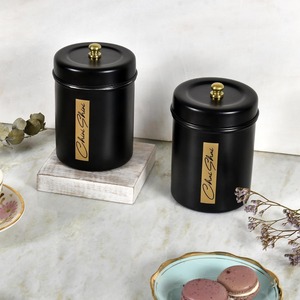 Boîte à thé en métal noir mat avec bouton doré Contenant de rangement pour café cylindrique moderne au prix de gros - Product Image 1