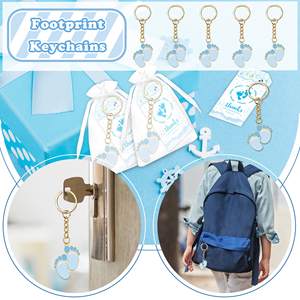 Porte-clés bleu avec empreintes de pieds, cadeaux avec sacs en organza blancs et étiquettes de remerciement, ensemble pour la fête de naissance de bébé garçon, décorations et fournitures - Product Image 6