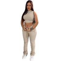 Ensemble Crop Top Sans Manches et Pantalon Jogging pour Femme, Coupe Ajustée, Tenue Deux Pièces, Logo Personnalisé, Coton Extensible, Ensemble Assorti