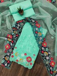 Foux forget broderie travail avec fond en pure soie et organza dupatta robe matériel costume pour femmes - Product Image 4