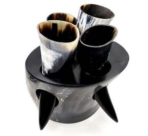 Authentic Viking Artisan Craft Drinking Horn Set Handcrafted 4-Piece Nautical Style <b>Shot</b> <b>Glass</b> Stand Animal Design Polished - Product Image 1