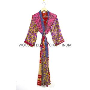 Vintage bohème confortable vêtements de nuit pour femmes Floral soie Sari Kimono Robe plage maison robe de soirée mariée vêtements de détente - Product Image 5