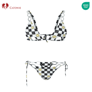 Traje de Baño para Mujer, Diseño de Cara Sonriente, Cuadros Blancos y Negros, Conjunto de Dos Piezas, Bikini - Product Image 3