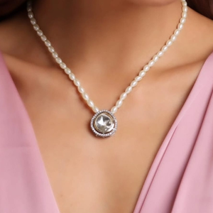 สร้อยคอมุกสีขาวคลาสสิกสุดหรู พร้อมจี้คริสตัลทรงกลมสไตล์เพชร ดีไซน์สง่างาม เหมาะสำหรับงานปาร์ตี้ สำหรับผู้หญิง - Product Image 1