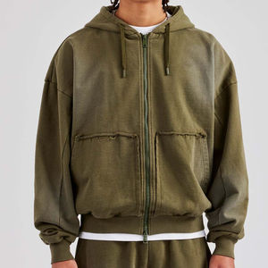 Chándal con capucha y cremallera de algodón con ajuste relajado y cintura extendida de gran tamaño con logotipo personalizado, conjunto de 2 piezas, ropa de calle, sudaderas con capucha para hombre - Product Image 2