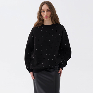 Sudadera de cuello redondo con diamantes de imitación para mujer, Jersey de algodón polar, transpirable, cálido, ropa de calle de gran tamaño, camisa con cuello redondo - Product Image 1