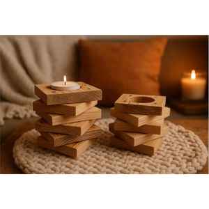 Handmade Stacked Wooden <b>Candle</b> Stand <b>Tapered</b> Geometric Natural Wood Block Design Rustic Table Decor Warm Aesthetic - Product Image 1