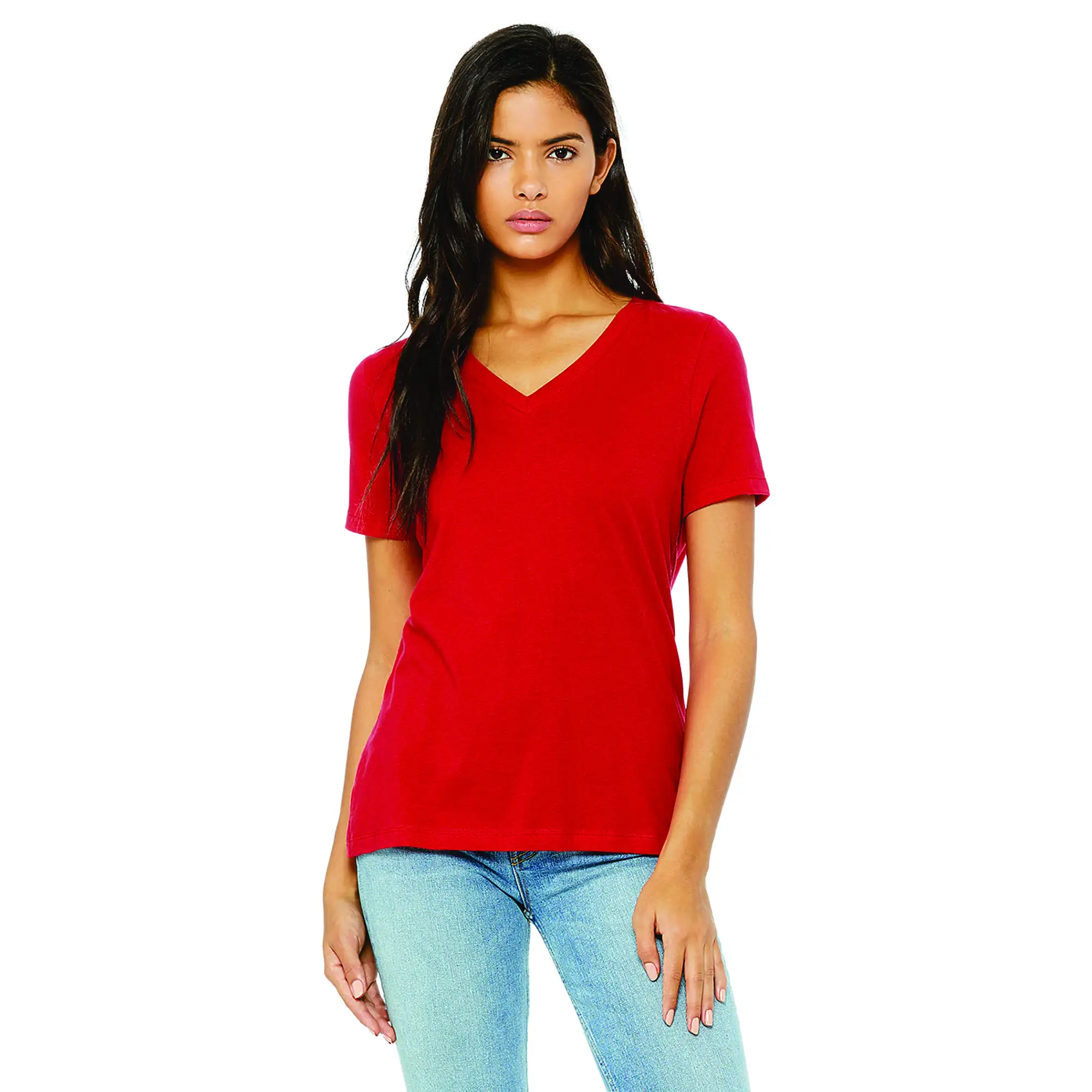100% Airlume Combed and Ring Spun Cotton 32 Single 4.2 oz Red Womens Relaxed Jersey Short Sleeve V-Neck T-Shirt