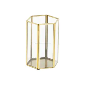 Metal & Clear Glass Tabletop Terrarium With Golden Finishing Long Hexagonal Shape For Home Decoration Wholesale Price