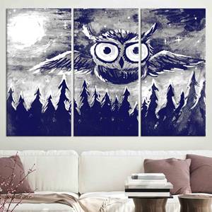 Tableau sur toile avec hiboux bleu marine : paysage de piniers imprimé sur toile, lot de 3 toiles - Product Image 1