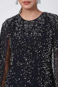 เดรสแมกซี่ทรงตรงปักเลื่อมใส่สบายผ้าโพลีเอสเตอร์ผ้าชีฟองทรงตรงแขนกุดสีดำเทาทำด้วยมือ - Product Image 4