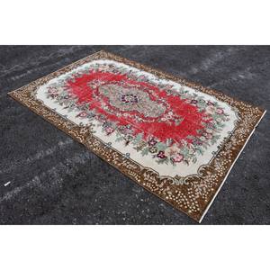 Alfombra clásica de lana roja y beige de 5,7x9 pies, área rectangular turca hecha a mano con patrón abstracto para pasillo con respaldo de látex - Product Image 2