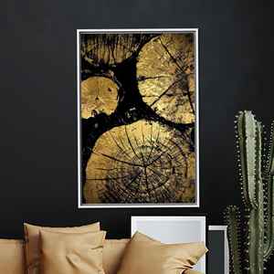 Tableau mural sur toile Gold Tree Rings, décoration botanique moderne, encadré blanc - Product Image 1