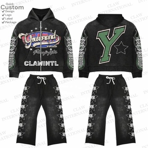 Acid Wash Sweat Suits Cotton Thick Zip up Applique Embroidery <b>Patch</b> Flared Full Tracksuits Hoodies and Sweatpants Sets for Men - Product Image 1