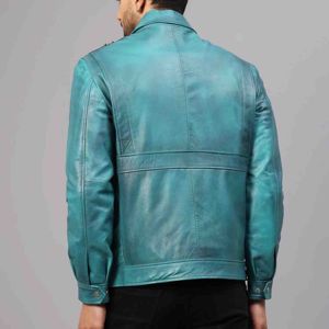 Chaqueta de Cuero Azul Elegante para Hombre, Hecha a Mano, de Alta Calidad, Transpirable, Fusión de Funcionalidad y Expresión - Product Image 5