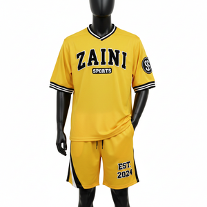 Conjunto de pantalones cortos de malla de poliéster para hombre de alta calidad, pantalones cortos amarillos que absorben la humedad con paneles en contraste, conjunto de pantalones cortos de malla - Product Image 1