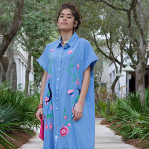 Robe à fleurs bleue Suzani pour femmes et filles Impression numérique Tissé Taille Décoration à glissière lavable naturelle - Product Image 1