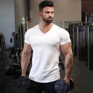 Camiseta de gimnasio de algodón liso 2025 para hombre, ropa de Fitness de manga corta con cuello en V, camisetas de entrenamiento de verano, camisetas ajustadas de talla grande - Product Image 2