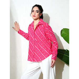 Camisa de Oficina de Algodón con Estampado Bandhani Rosa Extra Grande para Mujer, con Cuello Tejido con Botones, Transpirable, de Secado Rápido, Estilo Bohemio y Fresco para el Verano - Product Image 3
