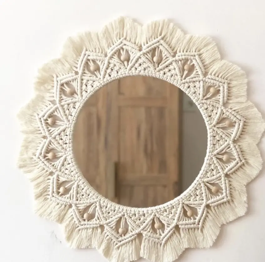 Cermin Macrame alami dengan jenggot kayu, cermin Bintang