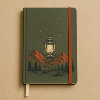 Carnet de camping LABON personnalisé, couverture rigide vert forêt, avec lanterne lumineuse, motif Montagnes Cuivrées et Étoiles Crème