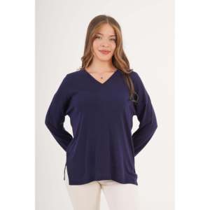 Suéter de Punto Azul Marino Casual con Cuello en V y Aberturas Laterales al por Mayor - Product Image 3