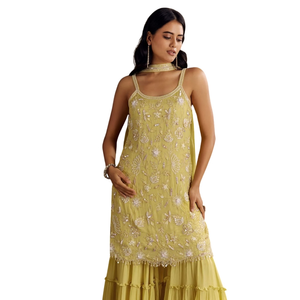 Chinon amarillo claro bordado Kurta Sharara con gargantilla Dupatta para ceremonias al por mayor bodas recepciones y personalizado - Product Image 2