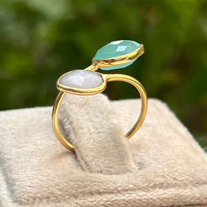 Poire Double arc-en-ciel pierre de lune et Aqua calcédoine bague faite à la main-or Vermeil lunette pierre précieuse en gros bague réglable - Product Image 3