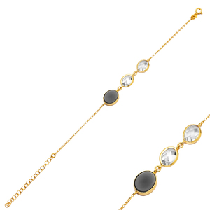 Oval Shape Black Quartz Stone and CZ 22K Gold Bezel Silver Bracelet Handmade 925 Sterling Silver for Woman Jewelry - Product Image 1