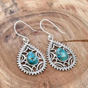 Boucles d'oreilles pendantes faites à la main en argent sterling 925 avec pierre précieuse turquoise naturelle, plaquées platine, bijoux cadeau tendance - Product Image 2